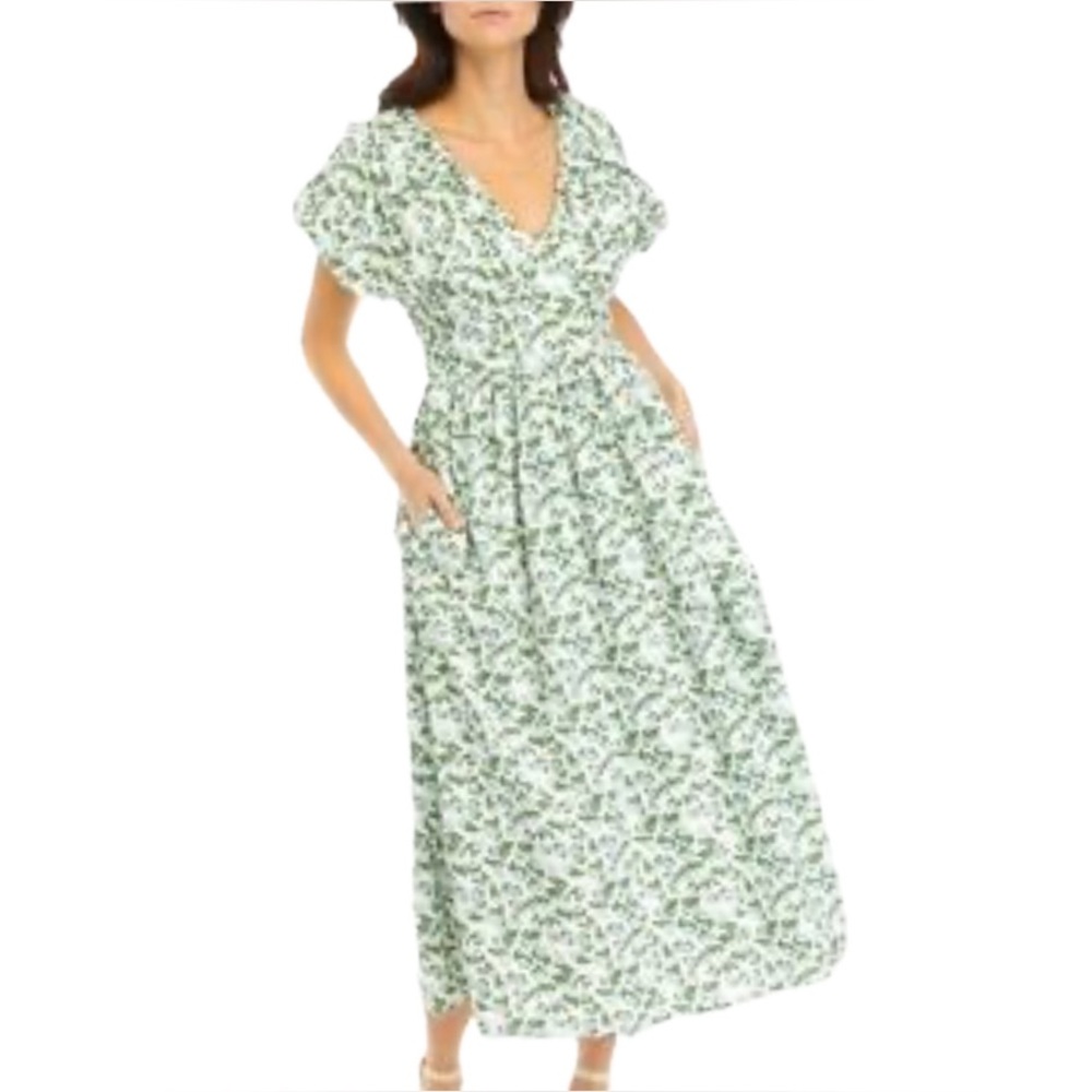 Crown & Ivy, society social /NWT Green Maxi Dress puffy sleeve tie back, Size 12 - Picture 3 of 16